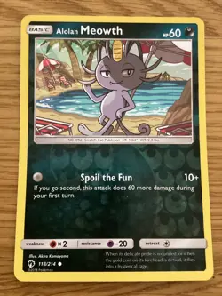 Alolan Meowth Pokemon Card 118/214 Reverse Holo- Used -Sun & Moon-Lost Thunder - Image 1