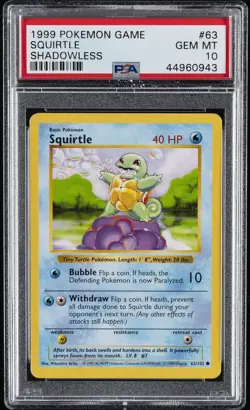 1999 POKEMON BASE SET SHADOWLESS #63 SQUIRTLE PSA 10 - Image 1