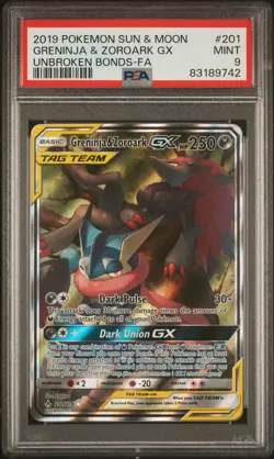 2019 POKEMON SUN & MOON UNBROKEN BONDS #201 FULL ART/GRENINJA & ZOROARK GX PSA 9 - Image 1