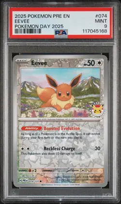 2025 POKEMON PRE EN-PRISMATIC EVOLUTIONS POKEMON DAY 2025 #074 EEVEE PSA 9 - Image 1