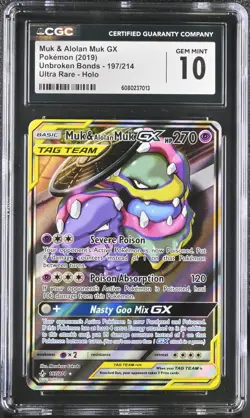 (PSA) CGC 10 Muk & Alolan Muk Gx Unbroken Bonds Tag Team Pokemon Card #197 - Image 1
