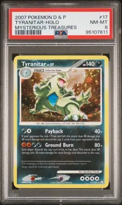 2007 POKEMON DIAMOND & PEARL MYSTERIOUS TREASURES #17 TYRANITAR-HOLO PSA 8 - Image 1