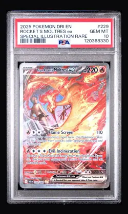 2025 Pokemon Dri EN-Destined Rivals Rocket's Moltres EX #229 PSA 10 - Image 1