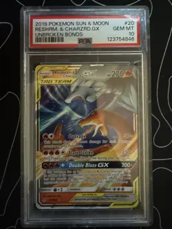 2019 POKEMON SUN & MOON UNBROKEN BONDS #20 RESHIRAM & CHARIZARD GX PSA 10 - Image 1