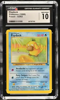 CGC 10 GEM MINT Psyduck 1999 Fossil 53/62 Pokemon Card - Image 1