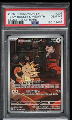 Pokemon 2025 Destined Rivals Team Rockets Meowth Card 203/182 PSA 10 Gem Mint - Image 1