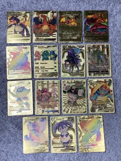 Set of 15 Pokemon Charizard,Pikachu,Charmander&More Gold Foil Fan Art Cards LP - Image 1