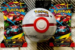 New Pokemon TCG PokeBall Premiere Tin & 2 Mega Evolution TCG Booster Packs. - Image 1