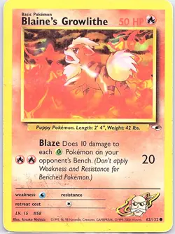 Blaine's Growlithe 62/132 Non Holo Gym Heroes - Pokemon Card - LP - Image 1