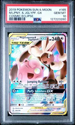 2019 POKEMON SUN & MOON COSMIC ECLIPSE #165 MEGA LOPUNNY & JIGGLYPUFF GX PSA 10 - Image 1