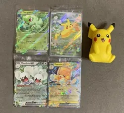 Pokemon Pikachu Seven Promo Cards Paldea Adventures Chest LOT + Squishy Pikachu - Image 1