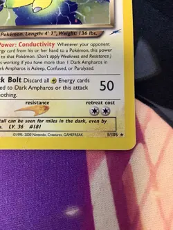 Pokemon Dark Ampharos TCG Neo Destiny Card 1/105 Unlimited Holo Rare - Image 2