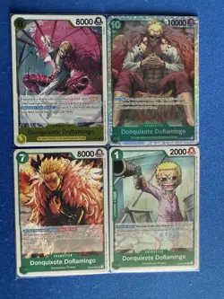 Donquixote Doflamingo One Piece TCG 4-card lot OP04 Super Rare+OP12 Rare++++ PWE - Image 1