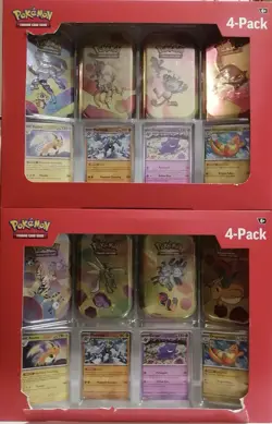 (PACK 1 & 2) Pokemon 4 Mini Tins + 4 Promo Cards 151 SAMS CLUB EXCLUSIVE IN HAND - Image 1