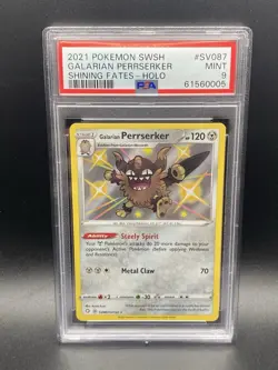 2021 Pokemon SWSH Shining Fates SV087 Galarian Perrserker Holo Shiny Vault PSA 9 - Image 1