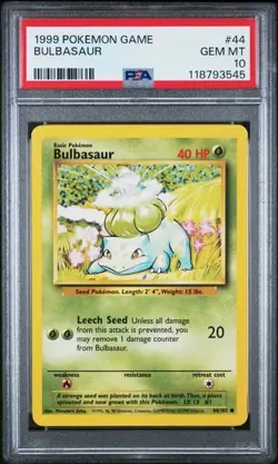 1999 POKEMON GAME BASE SET UNLIMITED 44 BULBASAUR PSA 10 GEM MINT - Image 1