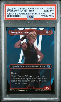 2025 MTG FINAL FANTASY CHARACTER BORDERLESS-SURGE FOIL PROMPTO ARGENTUM PSA 10 - Image 1