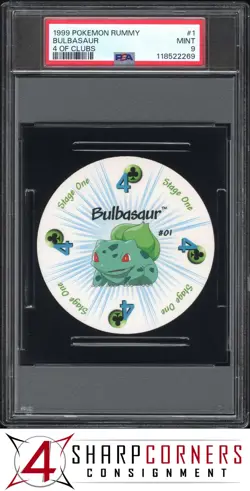 1999 POKEMON RUMMY #1 BULBASAUR 4 OF CLUBS POP 6 PSA 9 - Image 1