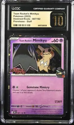 2025 POKEMON DESTINED RIVALS PRERELEASE STAFF 087 TEAM ROCKET'S MIMIKYU CGC 10 - Image 1