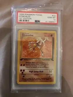 1999 Pokemon Hitmonlee 22/62 Fossil-1st Edition Gem Mint 10 - Image 1