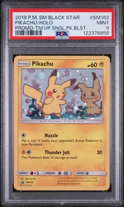 2019 Pokemon Team Up Pikachu Holo Promo #SM162 Black Star Promo Card PSA 9 Mint - Image 1