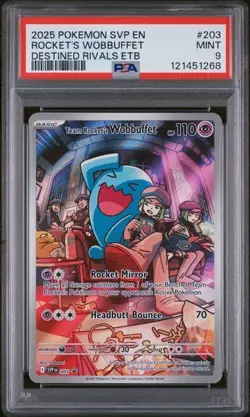 2025 POKEMON SVP DESTINED RIVALS ETB PROMO #203 TEAM ROCKET'S WOBBUFFET PSA 9 - Image 1