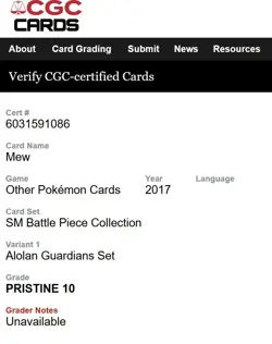 2017 MEW Pokemon Sun & Moon Battle Pieces CGC Pristine 10! Only 7 in the world!! - Image 5