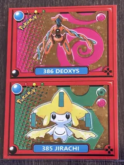 POKEMON POKEDEX Sticker 385 - 386 JIRACHI / DEOXYS 2022 Gold Foil Holo Peru - Image 1