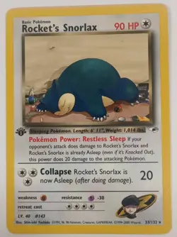 Pokemon 1st Edition Rocket's Snorlax 33/132 Gym Heroes Rare Vintage Card EX - Image 1