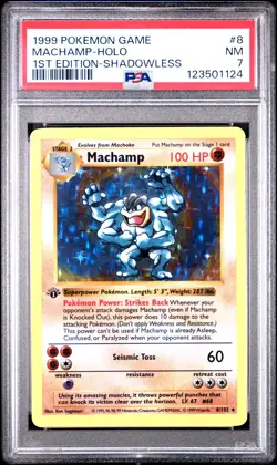 1999 POKEMON GAME 1ST ED-SHADOWLESS #8 MACHAMP-HOLO PSA 7 - Image 1