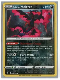 Pokemon TCG Galarian Moltres Evolving Skies 093/203 Reverse Holo Rare NM - Image 1