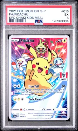 2021 POKEMON INDONESIAN S PROMO KFC CHAKI KIDS MEAL #016 FULL ART/PIKACHU PSA 5 - Image 1