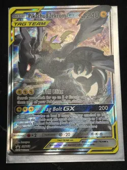 Pokemon TCG Pikachu and Zekrom GX Tag Team SM168 Black Star Promo Damaged - Image 1