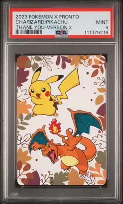2023 POKEMON X PRONTO THANK YOU CARD VERSION 2 CHARIZARD/PIKACHU PSA 9 - Image 1