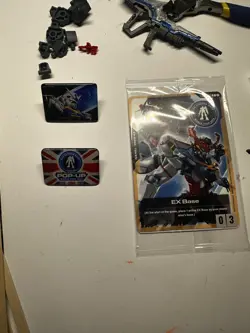 ENGLISH Gundam Card Game EX Base Gundam Base World Promo EXBP-003 and 2 badges - Image 1