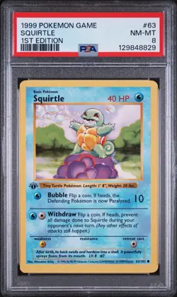 1999 Pokemon 1st Edition Shadowless Squirtle #63 PSA 8 - Image 1