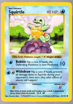 Squirtle Shadowless 63/102 Base Set Pokemon TCG Card 1999 LP - Image 1
