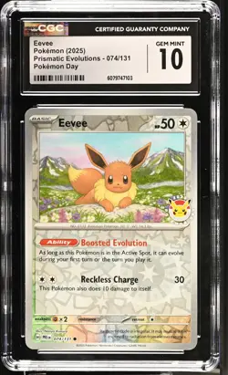 2025 Pokemon Prismatic Evolutions Pokemon Day Eevee #074/131 Holo CGC 10 - Image 1