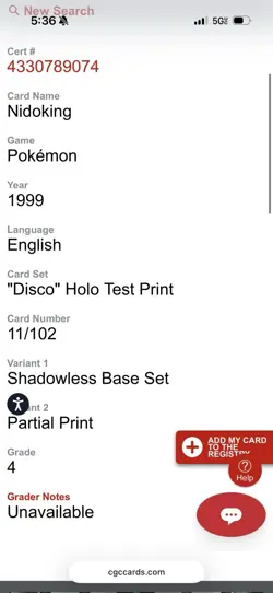 Nidoking Pokemon (1999) Disco Holo Test Print Shadowless Base Set-Partial Print - Image 5