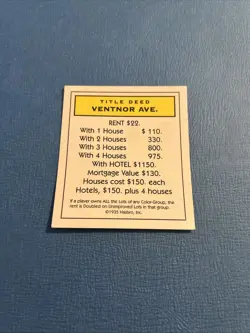 1998 Monopoly Property Deed Card VENTOR AVENUE Game Piece Part - Image 1