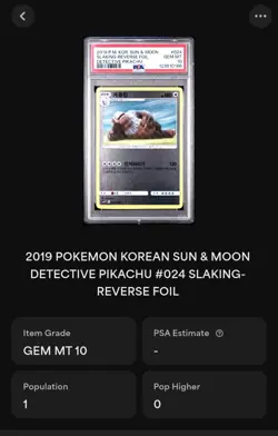 2019 Pokemon Detective Pikachu #024 Slaking Korean Reverse Holo PSA 10 POP 1 - Image 2