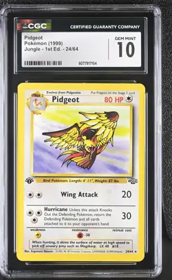 CGC 10 GEM MINT Pidgeot 1999 Jungle 1st Edition 24/64 Non Holo Rare Pokemon Card - Image 1