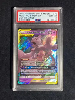 2019 POKEMON SUN & MOON UNIFIED MINDS #71 MEWTWO & MEW GX PSA 10 - Image 1