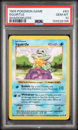 1999 Pokemon Base Set Shadowless Squirtle #63 PSA 10 Gem Mint - Image 1