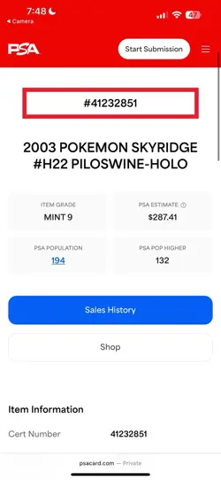 *SWIRL* PSA 9 MINT 2003 Skyridge Piloswine Holo Foil H22/H32 Pokemon - Image 2