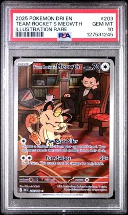 Pokemon 2025 Destined Rivals Team Rocket’s Meowth Card 203/182 PSA 10 Gem Mint - Image 1