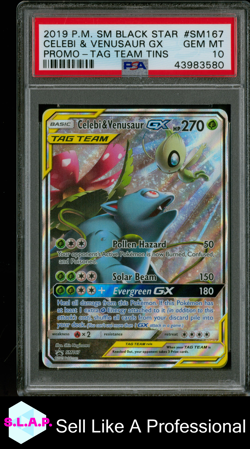 FA/CELEBI & VENUSR.GX TAG TEAM TINS POKEMON SM BLCK STR PRM 2019 SM167 PSA 10 - Image 1