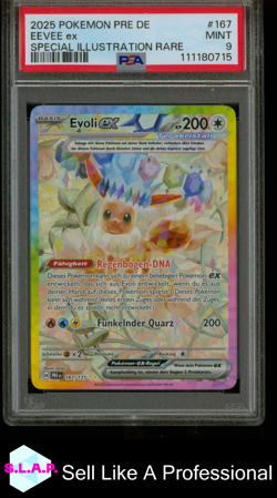 EEVEE EX SPECI4L ILL RARE POKEMON GER PRE DE-PRISMATIC EVOLUTIONS 2025 167 PSA 9 - Image 1