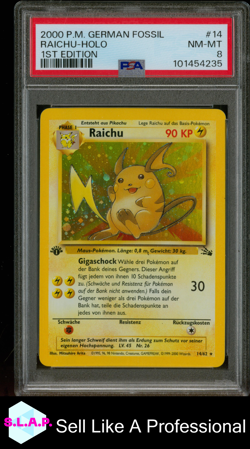 RAICHU-HOLO 1ST EDITION POKEMON GERMAN FOSSIL 2000 14 PSA 8 - Image 1