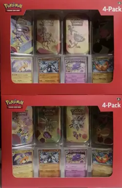 (PACK 1 & 2) Pokemon 4 Mini Tins + 4 Promo Cards 151 SAMS CLUB EXCLUSIVE IN HAND - Image 1
